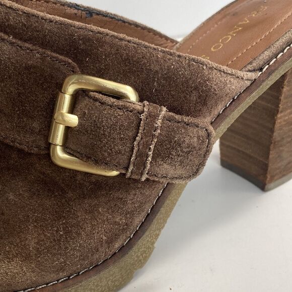 Franco Sarto Brown Suede Gold Buckle Boho Bohemian Heeled Mules Clogs Size 9.5 - Picture 3 of 11